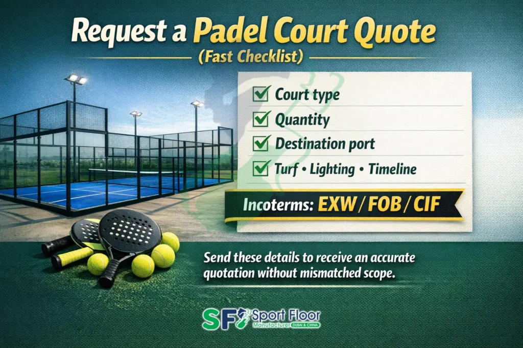 Request padel court quote checklist court type quantity destination port incoterms