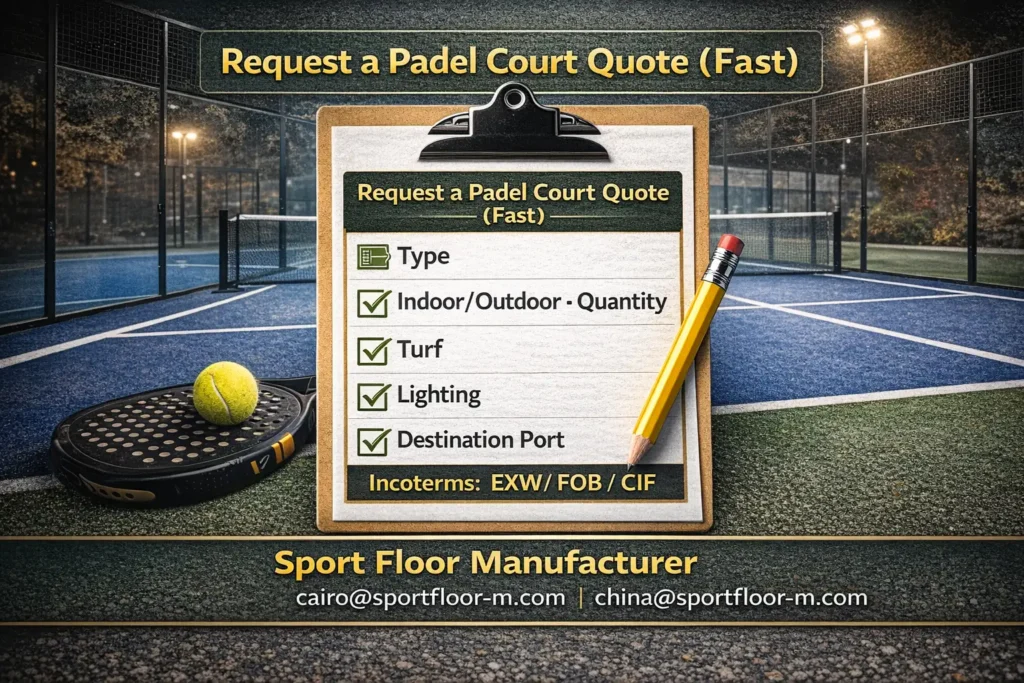 request padel court quote checklist exw fob cif destination port Padel court quotation checklist type quantity destination port incoterms EXW FOB CIF