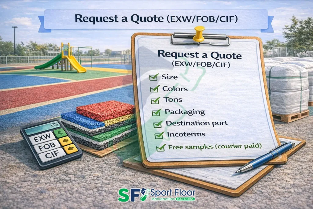 request wet pour epdm granules quote checklist exw fob cif Request wet pour EPDM granules quote checklist size colors tons packaging port incoterms