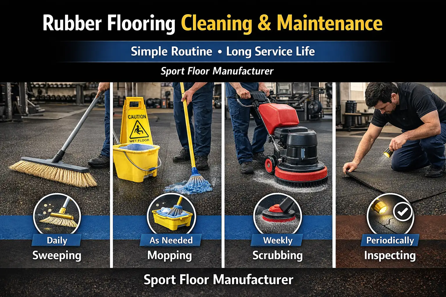 Rubber flooring cleaning and maintenance routine for gyms and public areas