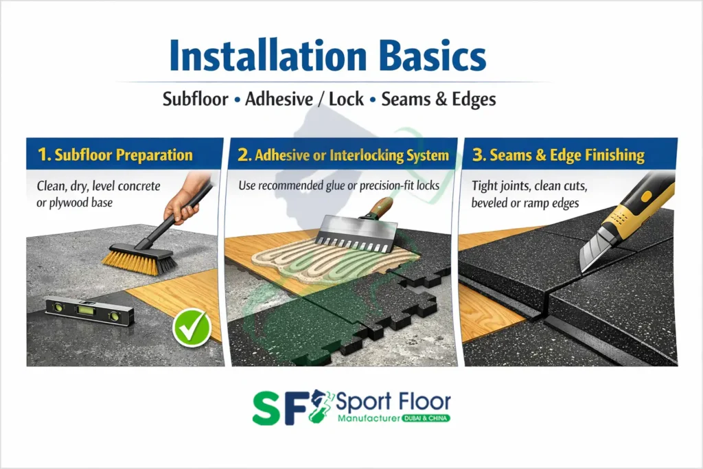 Rubber gym flooring installation basics subfloor preparation seams edges