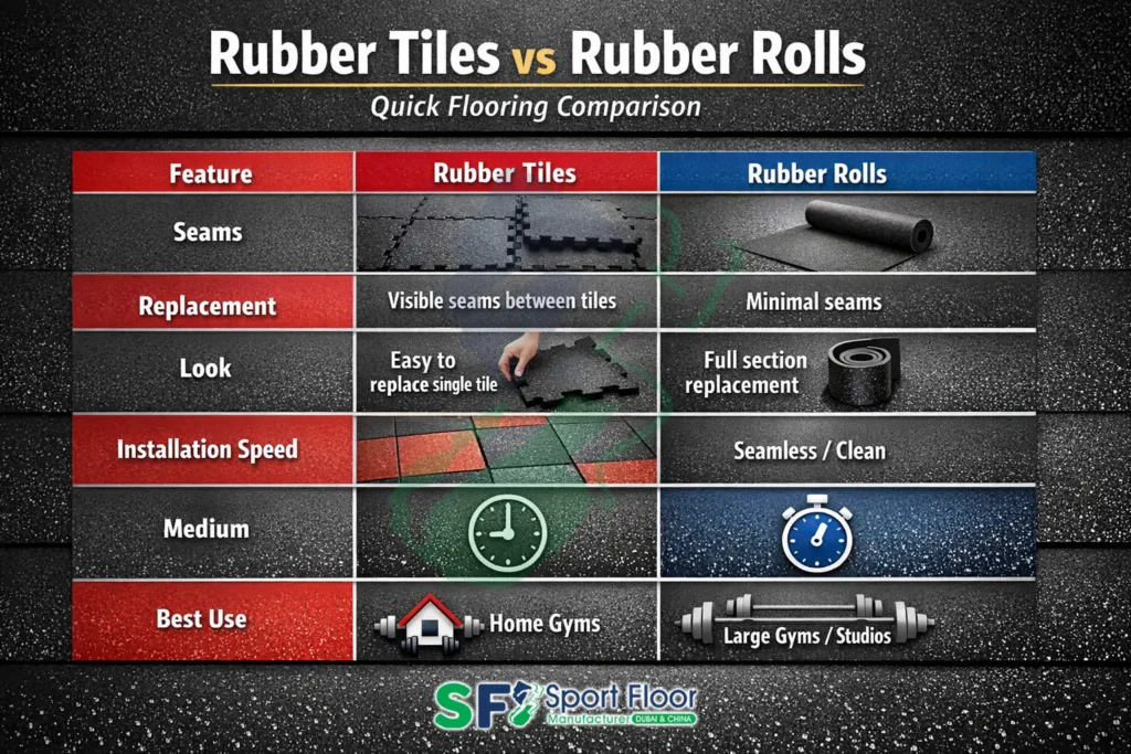 Rubber tiles vs rubber rolls comparison for gym flooring seams replacement installation