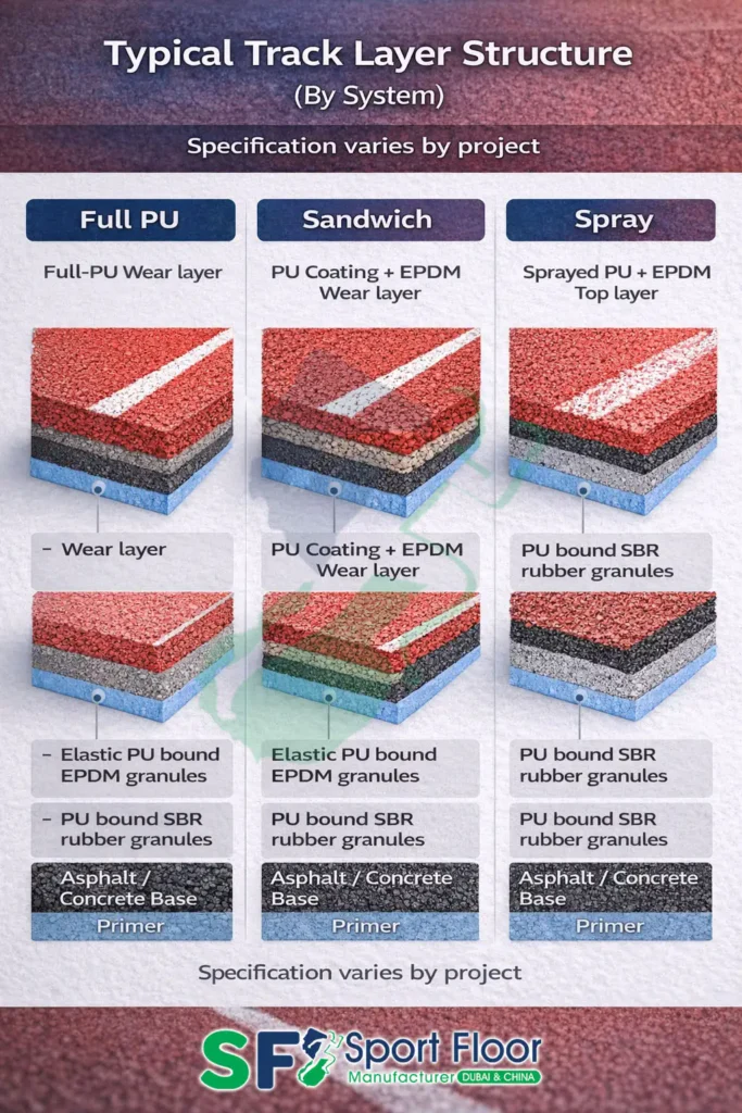 running track layer structure full pu sandwich spray Running track layer structure Full PU sandwich spray coat