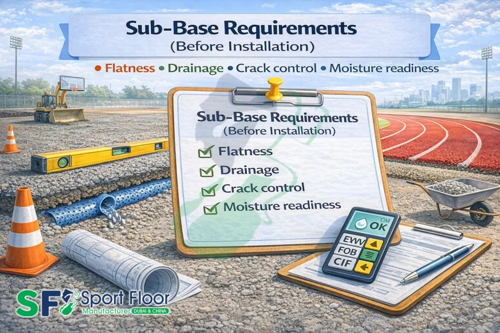 running track sub base requirements flatness drainage moisture Running track sub-base requirements flatness drainage crack control moisture readiness Base requirements.