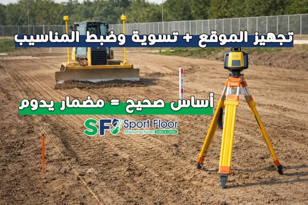 تجهيز وتسوية أرض الموقع قبل تنفيذ مضمار جري ترتان