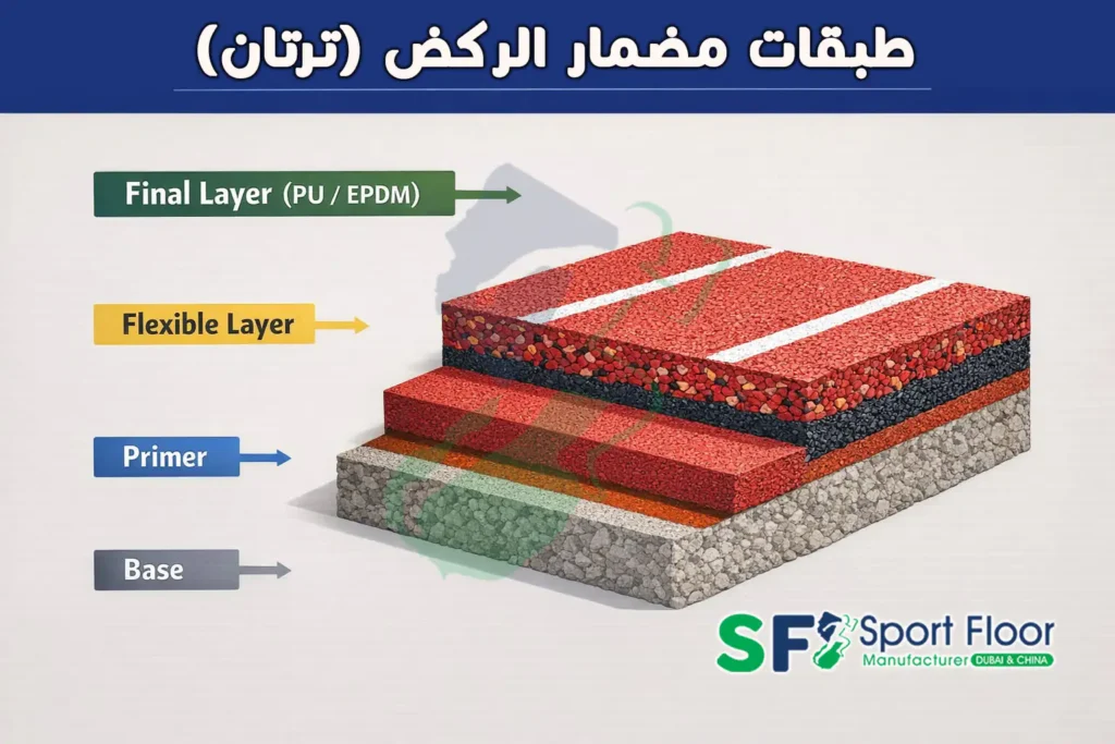 طبقات مضمار الترتان من القاعدة حتى الطبقة النهائية (PU/EPDM)