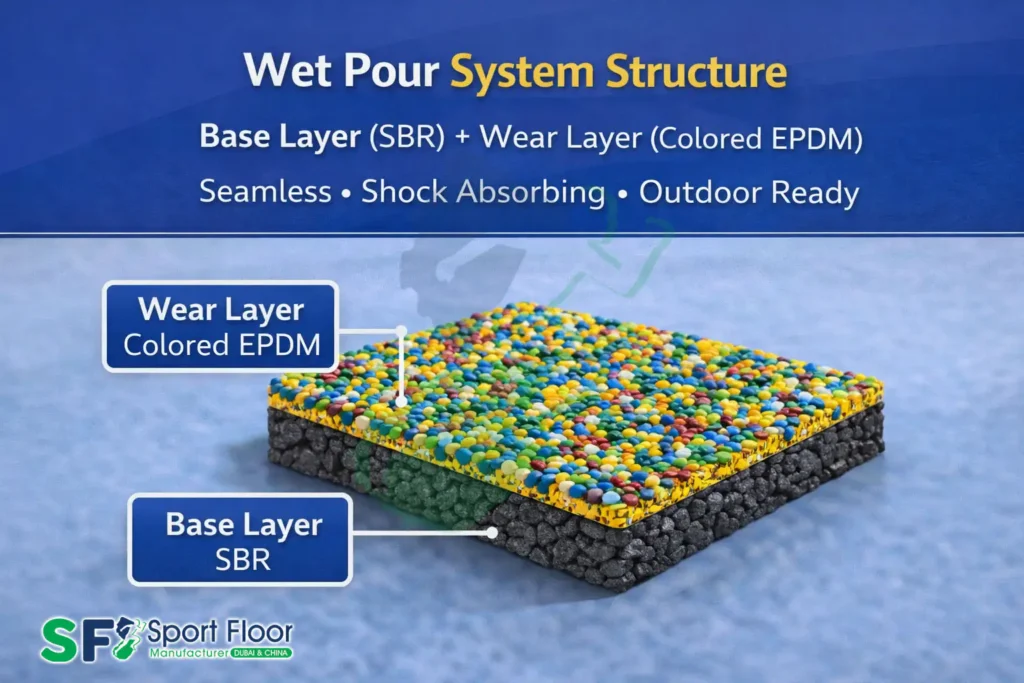 wet pour rubber flooring system layers sbr base epdm wear layer Wet pour rubber flooring system layers SBR base layer EPDM wear layer