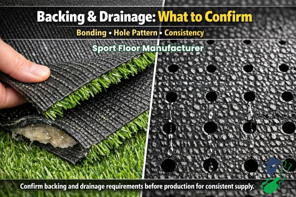 Artificial grass backing and drainage holes close up what to confirm before wholesale order