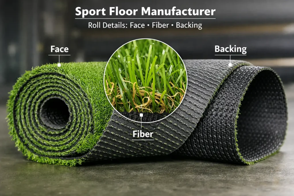 Close-up of artificial grass roll showing surface, yarn fiber, and backing structure
