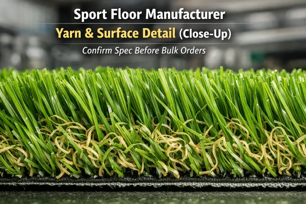 Close-up of artificial grass surface and yarn fiber for specification confirmation