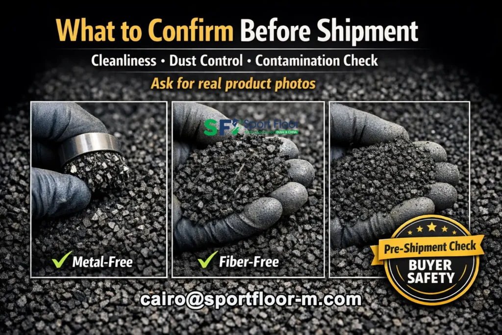 Crumb rubber granules cleanliness dust control and contamination check for wholesale shipments