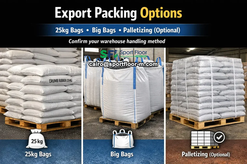 Crumb rubber granules export packing options 25kg bags big bags palletizing