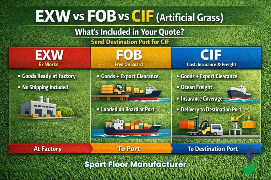 EXW vs FOB vs CIF artificial grass wholesale export quote shipping terms
