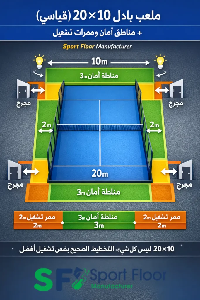 padel court 20x10 dimensions infographic مخطط ملعب بادل 20×10 مع مناطق الأمان وممرات التشغيل