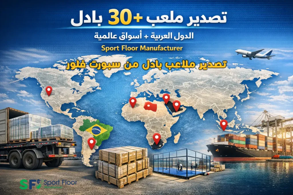 padel export map sport floor تصدير ملاعب بادل من سبورت فلور إلى السعودية والإمارات وليبيا وجنوب أفريقيا والبرازيل والأرجنتين وأمريكا
