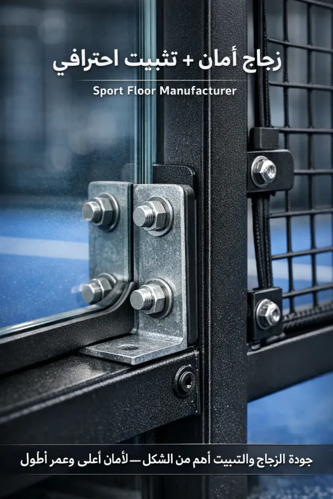 padel glass structure detail sport floor تفاصيل تثبيت زجاج الأمان وهيكل ملعب البادل لتقليل الاهتزاز ورفع الأمان
