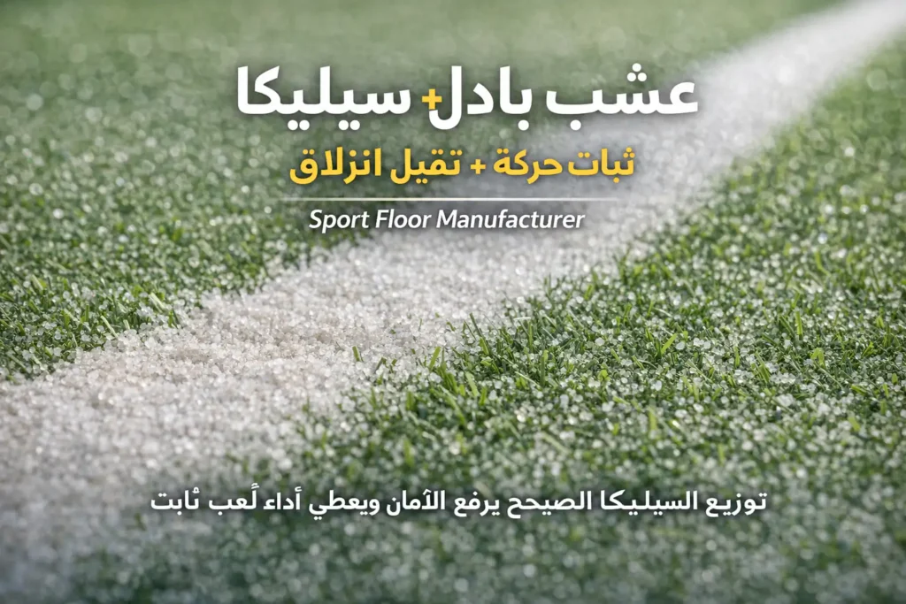 padel turf silica closeup sport floor عشب ملعب بادل مع توزيع رمل السيليكا لتحسين الثبات ومقاومة الانزلاق