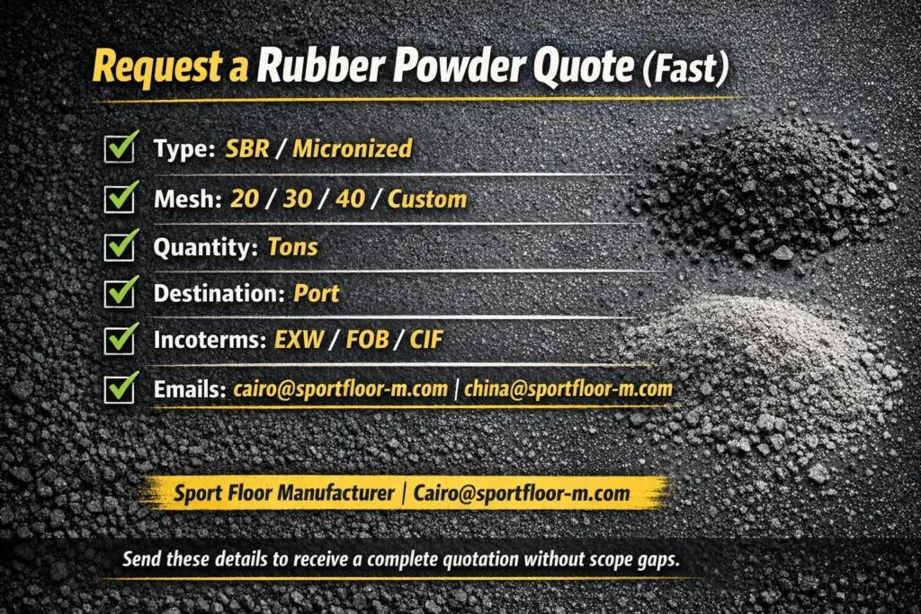 Rubber powder quote checklist: SBR or micronized, mesh size, tons, destination port, EXW/FOB/CIF