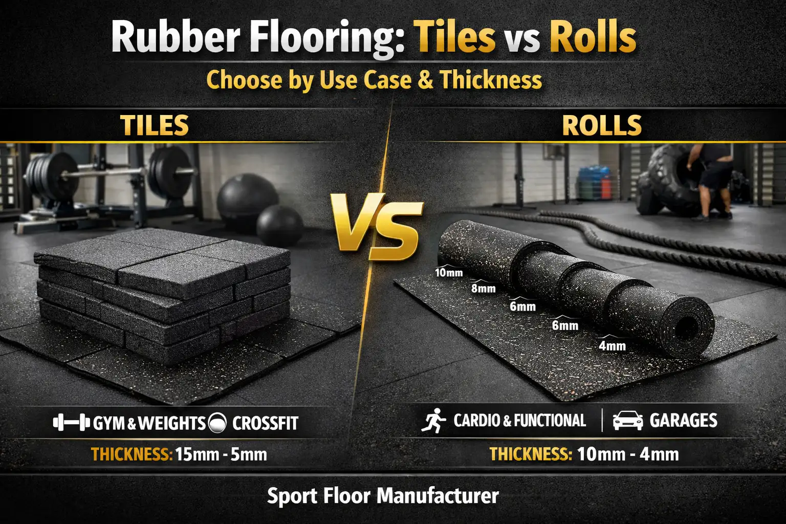 Rubber Flooring Manufacturer – Tiles vs Rolls Comparison for Gyms, Playgrounds, CrossFit (Thickness & Use Case Guide)