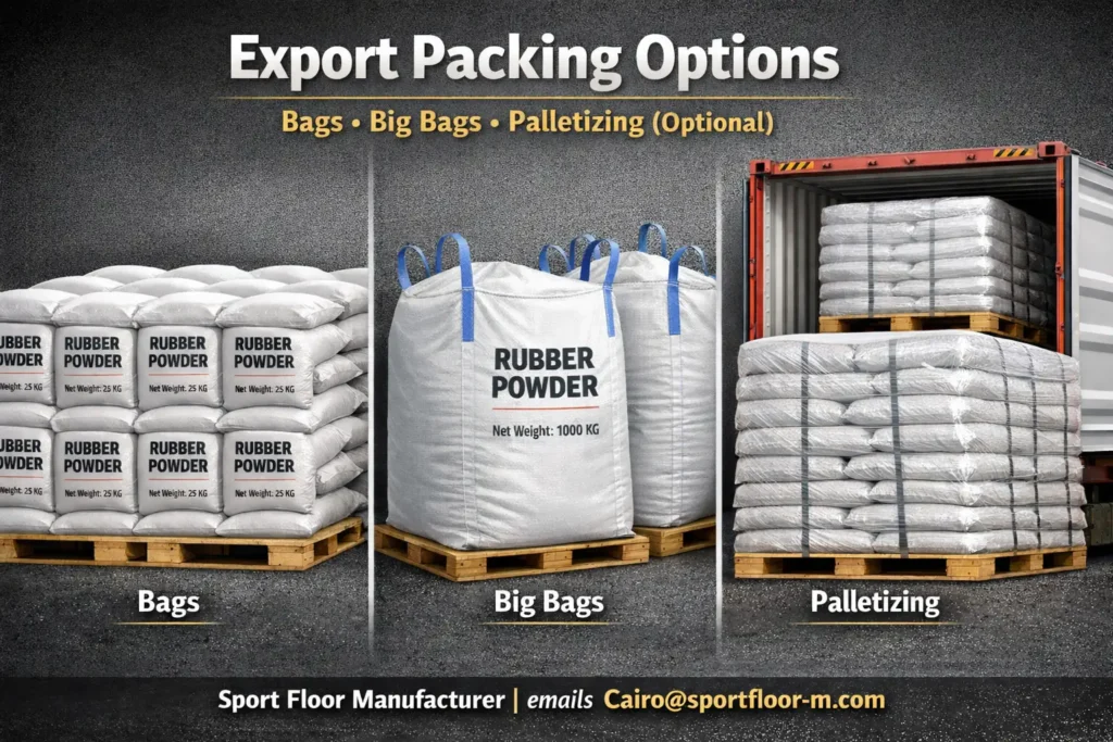 Rubber powder export packing options bags big bags and palletizing