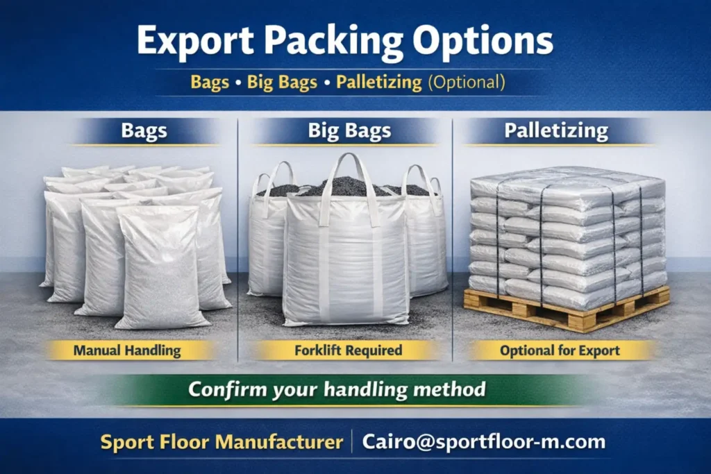 Rubber powder export packing options: bags, big bags, and optional palletizing for bulk shipments