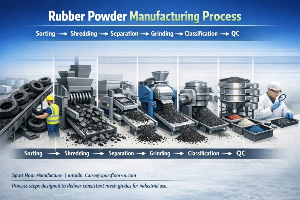 Rubber powder manufacturing process sorting shredding separation grinding classification quality control