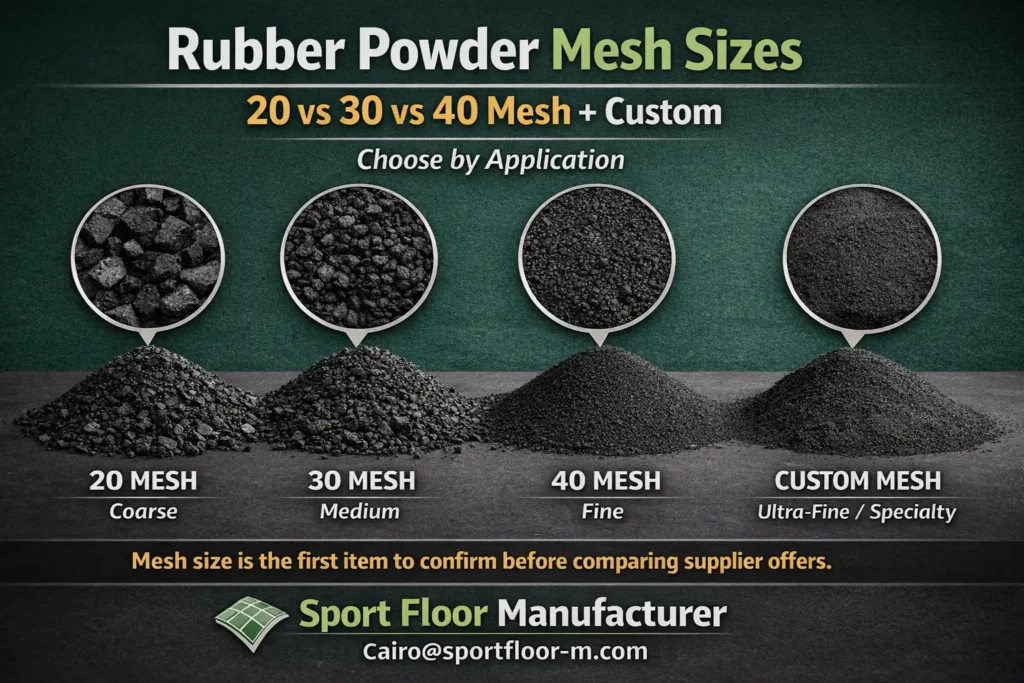 Rubber powder mesh size comparison (20 vs 30 vs 40 mesh) with custom grade option