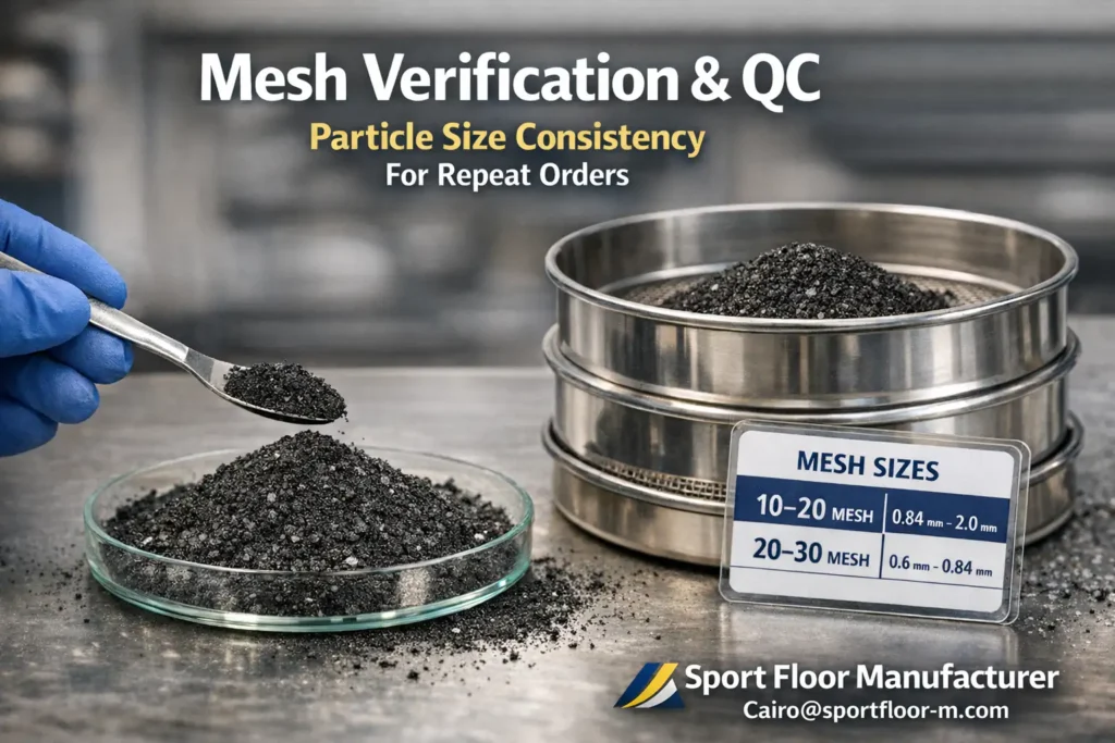 Rubber powder quality control proof showing mesh verification and particle size consistency (sieve test)