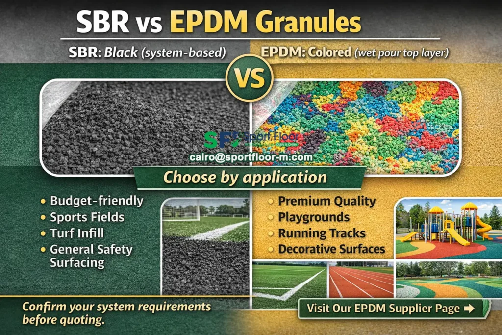 SBR vs EPDM granules black versus colored choose by application wet pour top layer