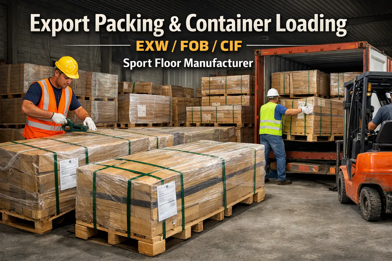 Export Packing & Container Loading Proof – Sport Floor Manufacturer (EXW/FOB/CIF Ready)