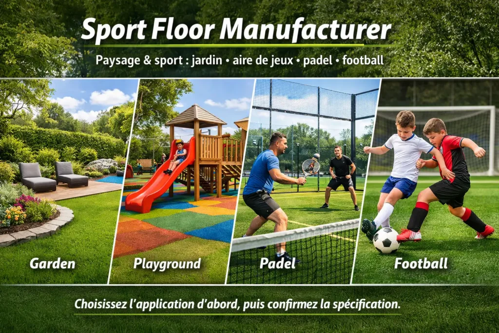 sport floor manufacturer applications gazon synthetique jardin aire jeux padel football Montage d’applications du gazon synthétique : jardin, aire de jeux, padel et football
