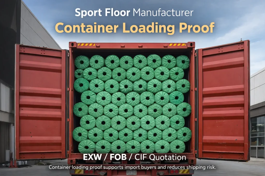 Container loading of artificial grass rolls for international export shipment by Sport Floor Manufacturer