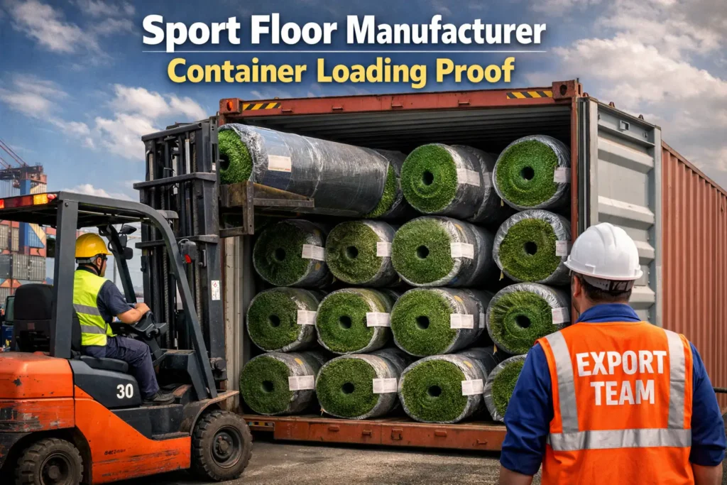 Container loading of artificial grass rolls for international shipment with organized stacking
