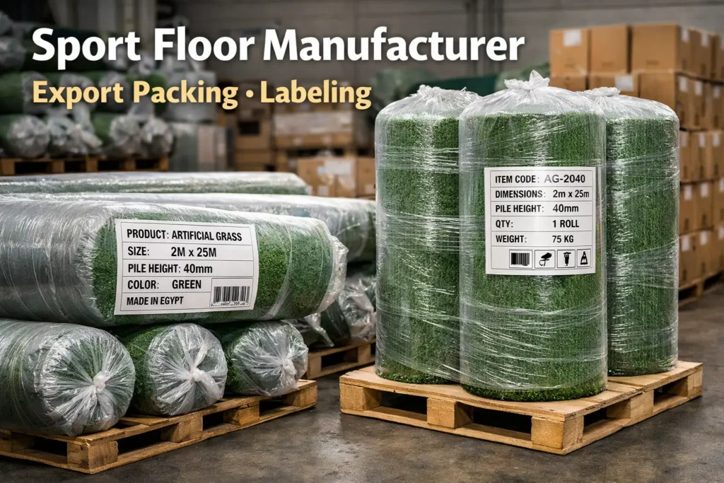 Export packing of artificial grass rolls with protective wrapping and specification labeling