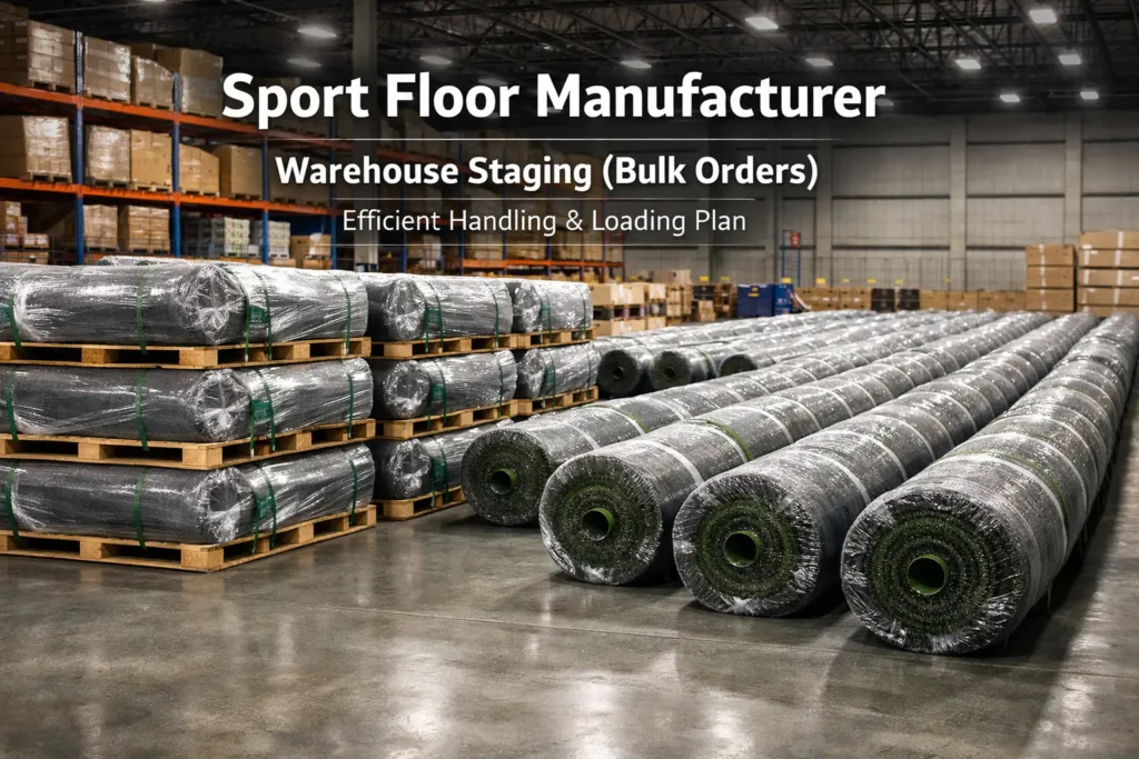 Artificial grass rolls staged for export shipment with optional palletizing at Sport Floor Manufacturer