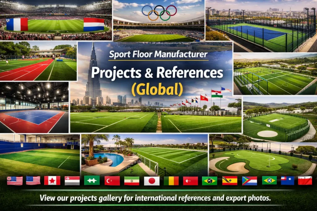 Global artificial grass projects and references by Sport Floor Manufacturer across multiple countries
