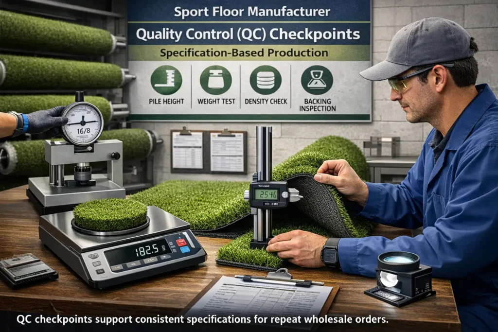 Quality control inspection for artificial grass rolls at Sport Floor Manufacturer factory