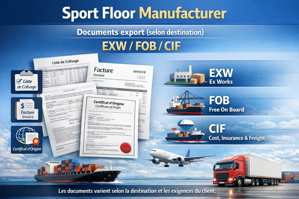 sport floor manufacturer documents export incoterms exw fob cif Visuel des documents d’export et des règles Incoterms® pour expédition de gazon synthétique en gros