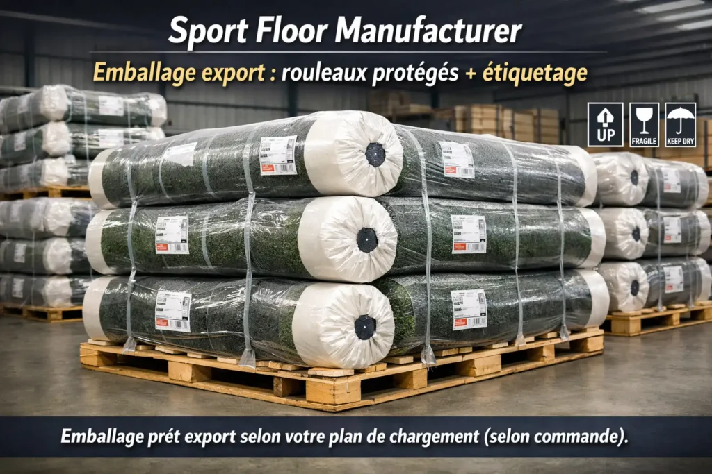 sport floor manufacturer emballage export rouleaux proteges etiquetage Rouleaux de gazon synthétique emballés pour l’export avec protection et étiquetage