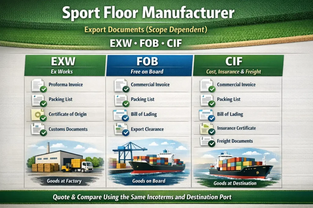 Export documents and Incoterms overview for artificial grass shipments: EXW FOB CIF