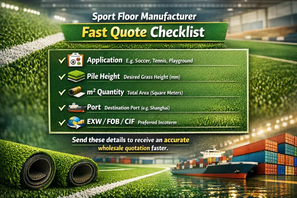 Artificial grass fast quotation checklist with application, pile height, quantity, destination port and Incoterms