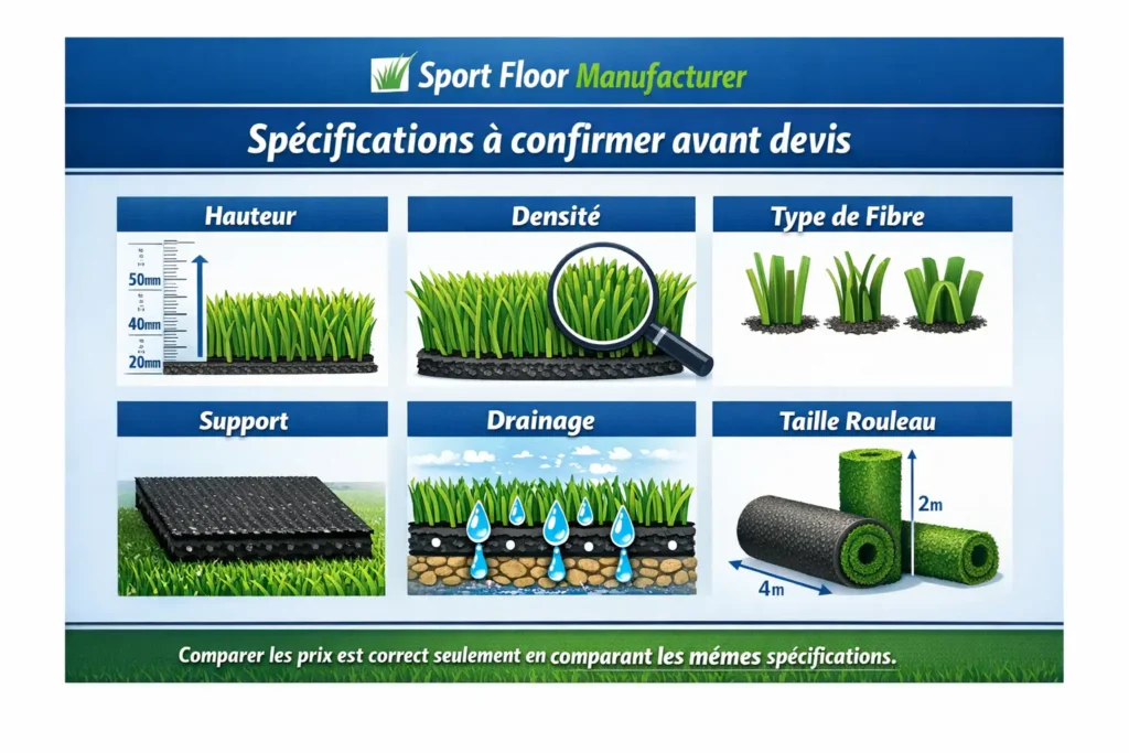 sport floor manufacturer guide specifications hauteur densite support drainage Infographie des spécifications à confirmer pour le gazon synthétique en gros : hauteur, densité, fibre, support et drainage