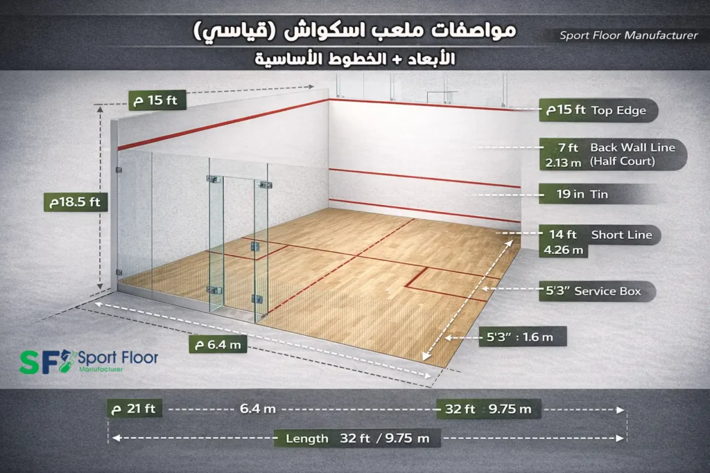 squash court dimensions infographic sport floor مواصفات وأبعاد ملعب اسكواش القياسية والخطوط الأساسية