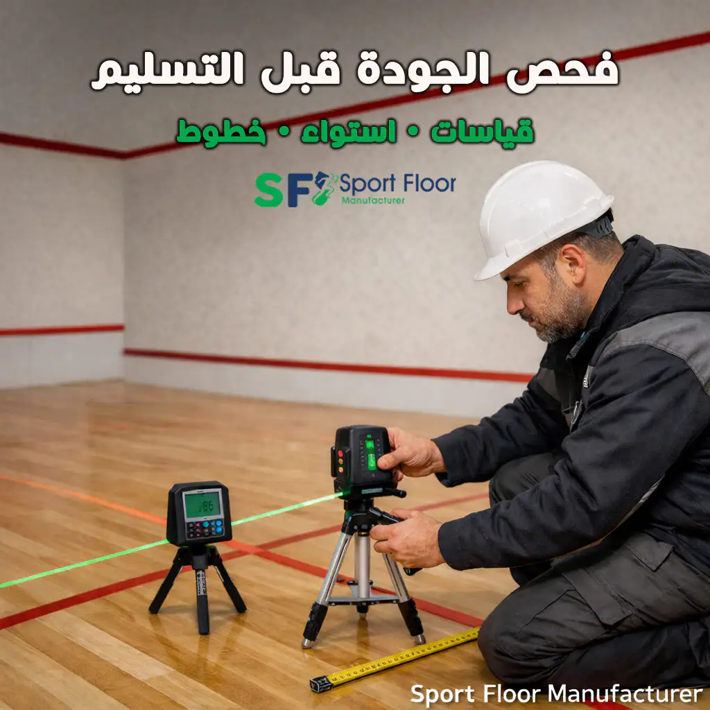 squash court quality check measurement sport floor فحص جودة ملعب اسكواش قبل التسليم (قياسات واستواء وخطوط)