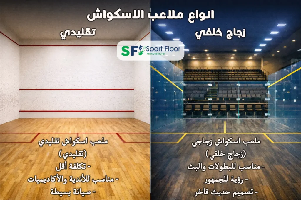 squash court types traditional vs glass sport floor أنواع ملاعب الاسكواش: ملعب تقليدي وملعب بزجاج خلفي