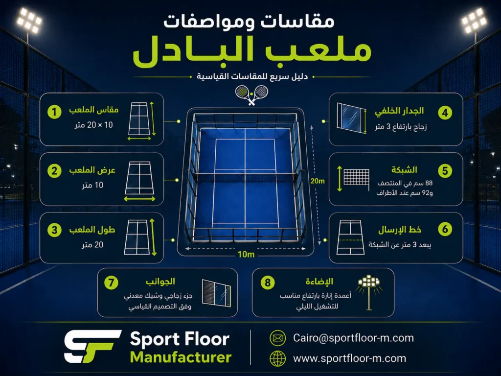 مقاسات ومواصفات ملعب البادل الرسمية من سبورت فلور