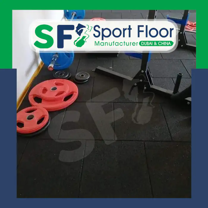 Black rubber tiles in a free-weight training zone
