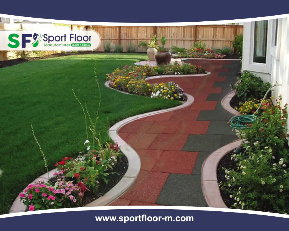 Rubber tiles used along a curved garden path
