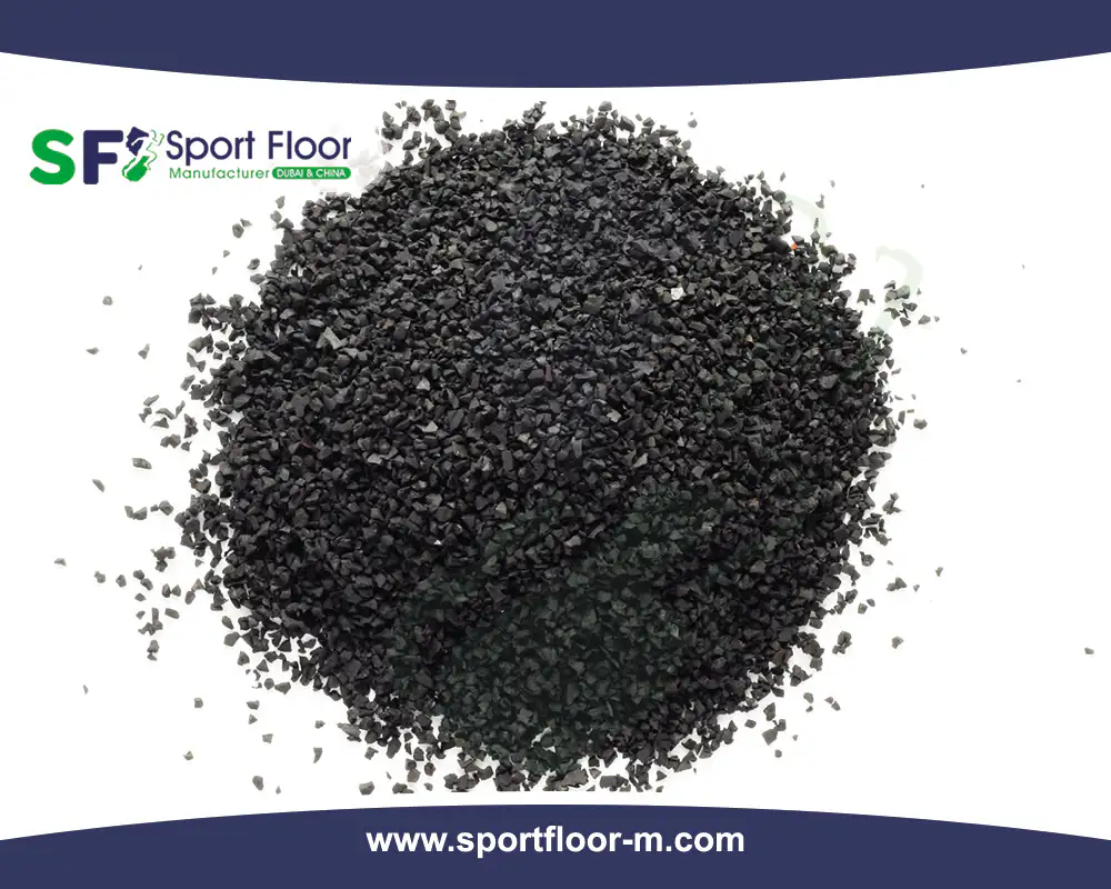 Clean pile of black SBR rubber granules isolated on white