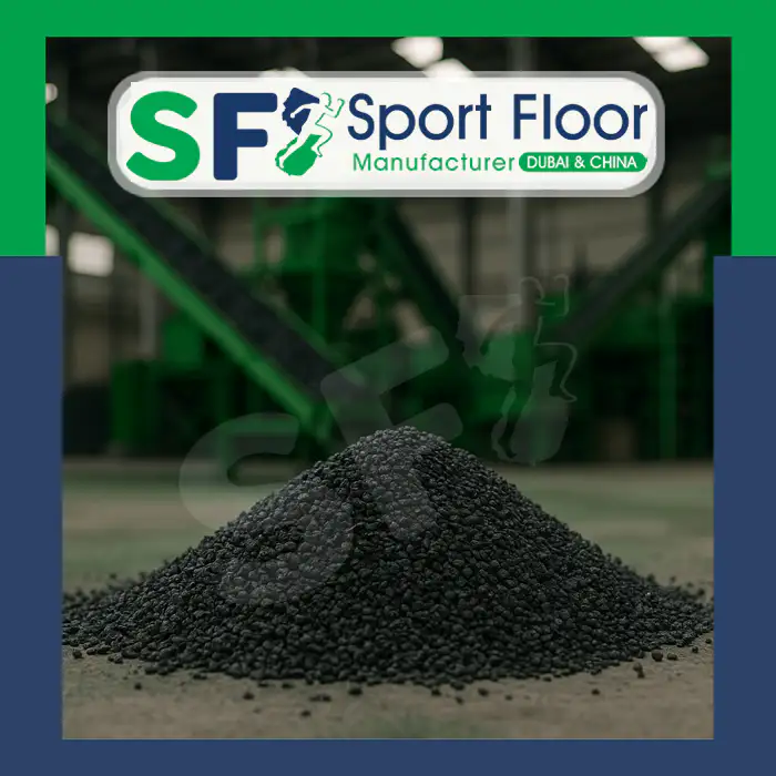 Pile of black SBR rubber granules in an industrial setting